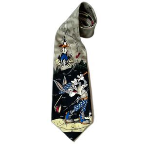 VTG 90s Looney Tunes Buggs Bunny Daffy Duck Multicolor Golf Themed 100% Silk Tie